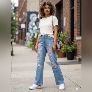 RECYCLED Stylish Blue Distressed, Patches Women Jeans